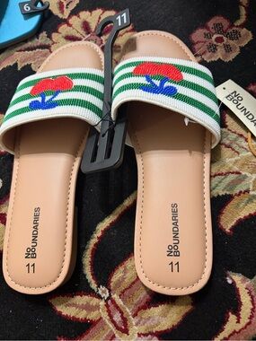 No Boundaries Tan Slide Sandals with Green & White Striped Floral Strap